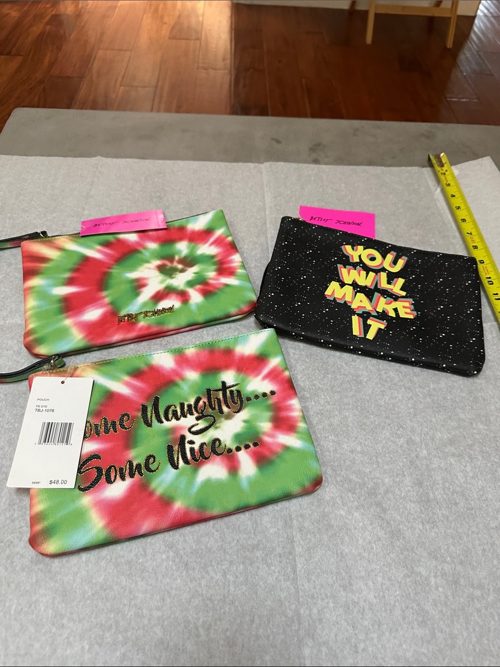 Betsey Johnson Green Red White Tie-Dye Cosmetic Pouch Trio